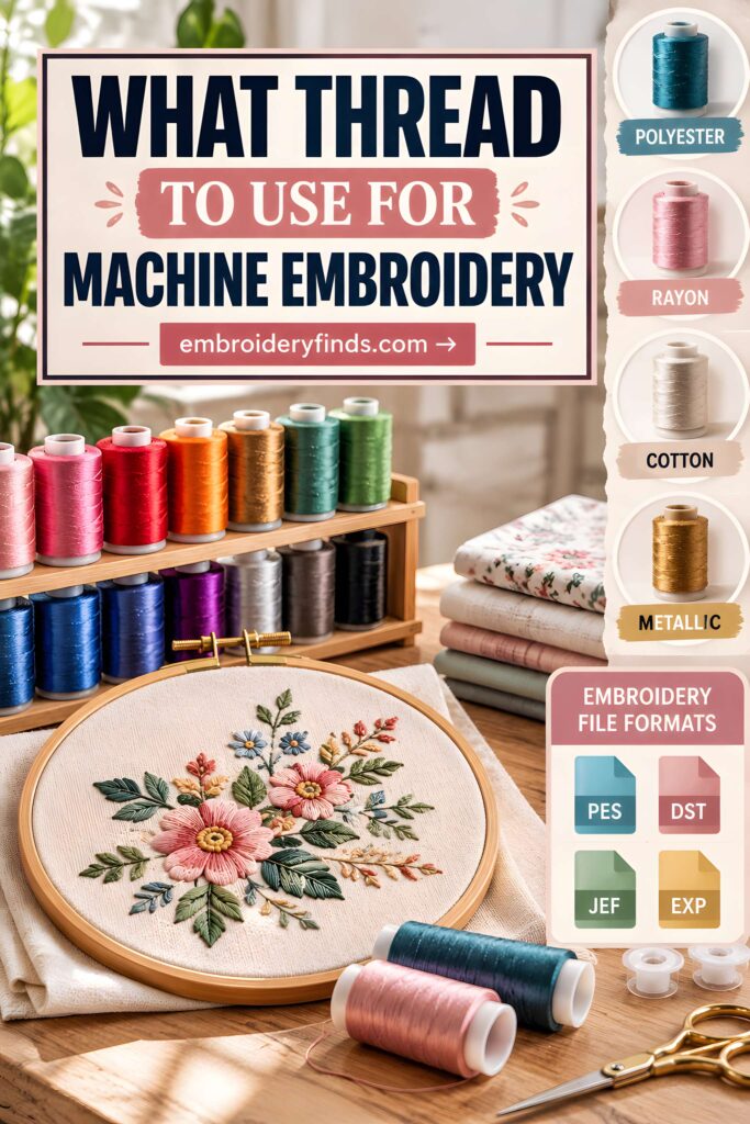 Best thread for machine embroidery including polyester, rayon, cotton, and metallic threads with embroidery hoop and floral