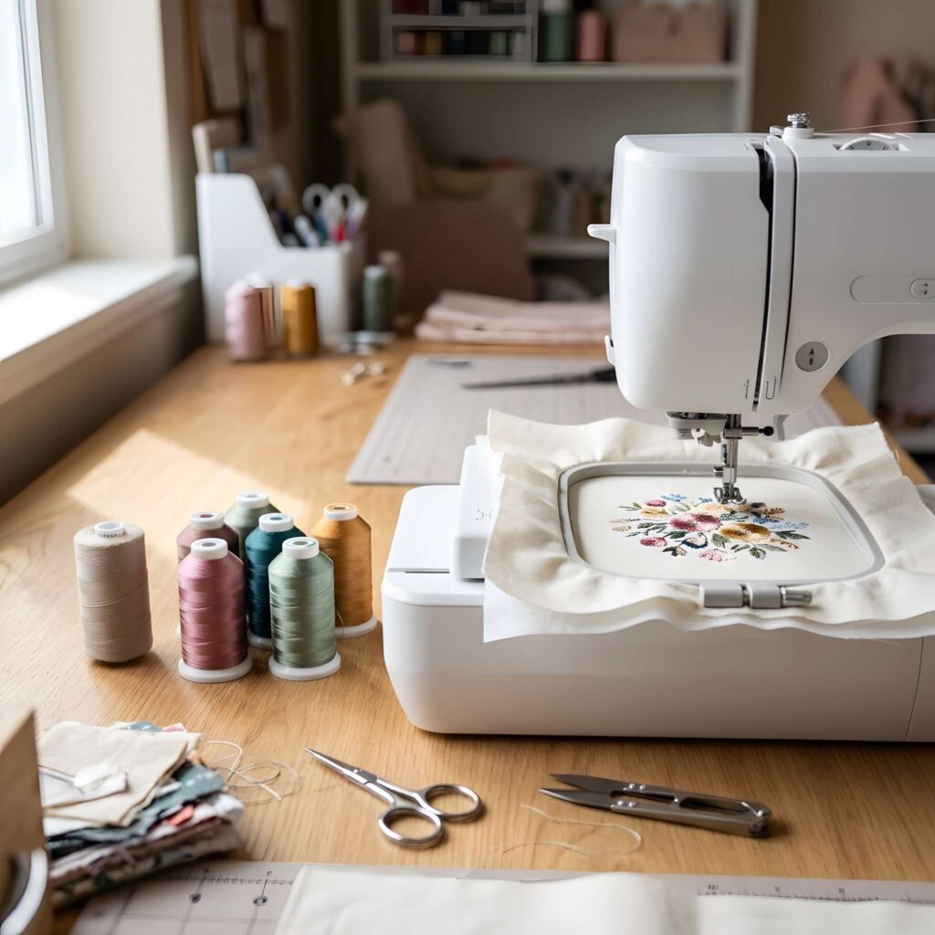 Embroidery machine stitching a floral design with various thread spools on wooden table