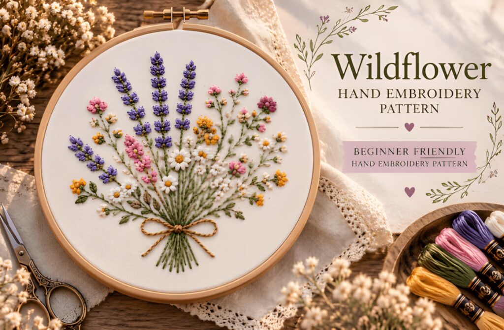 Wildflower hand embroidery pattern featuring a bouquet of delicate flowers and leafy stems in a — hand embroidery patterns