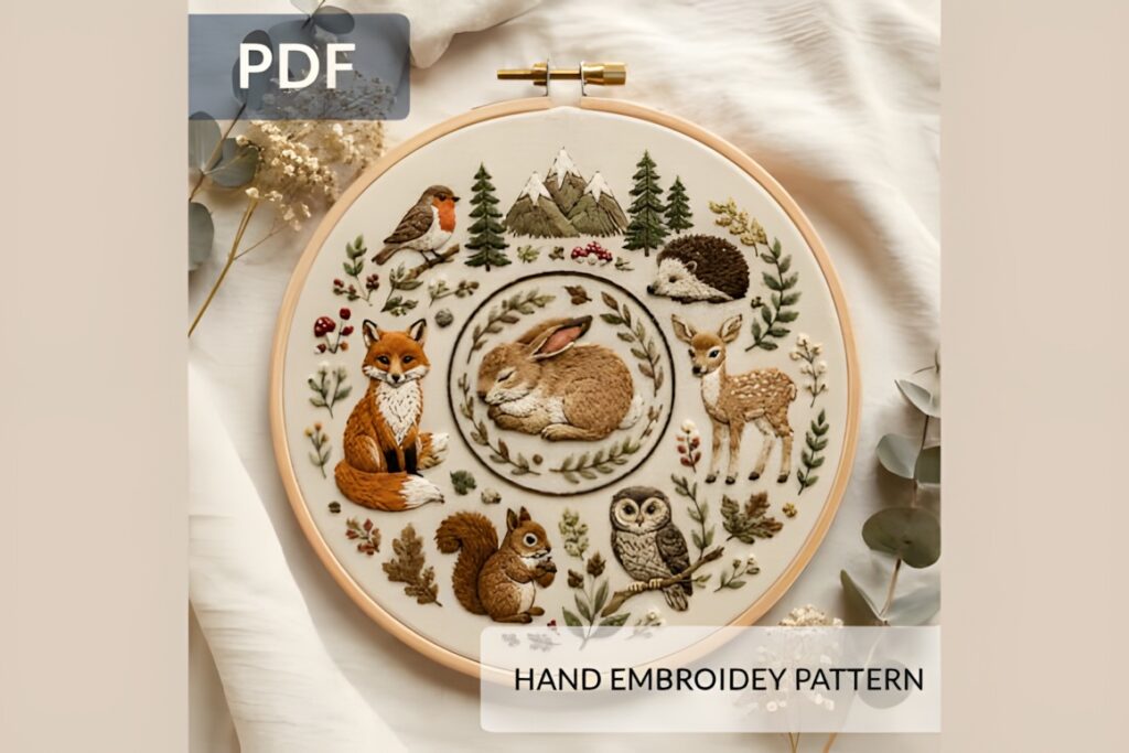 Hand embroidery patterns featuring woodland animals including fox, bunny, owl, squirrel, and deer in a circular hoop